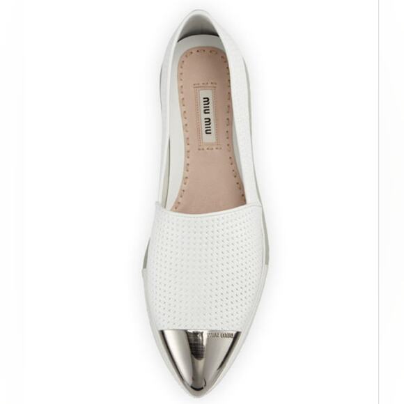 Miu Miu Embossed white‎ metallic silver Leather Cap-Toe loafers 37 us size 6.5 7